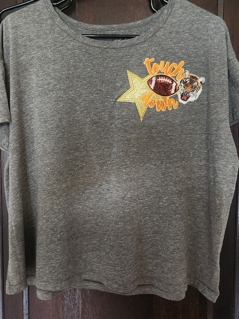 Womens Gray 'Touchdown' Graphic Tee with Tiger Patch